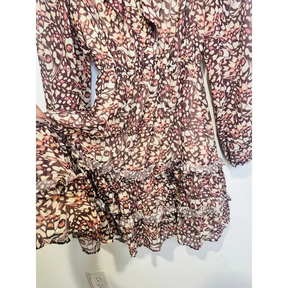 RACHEL PARCELL Animal Print Tie Neck Puff Sleeve Butterfly Mini Dress Size XS